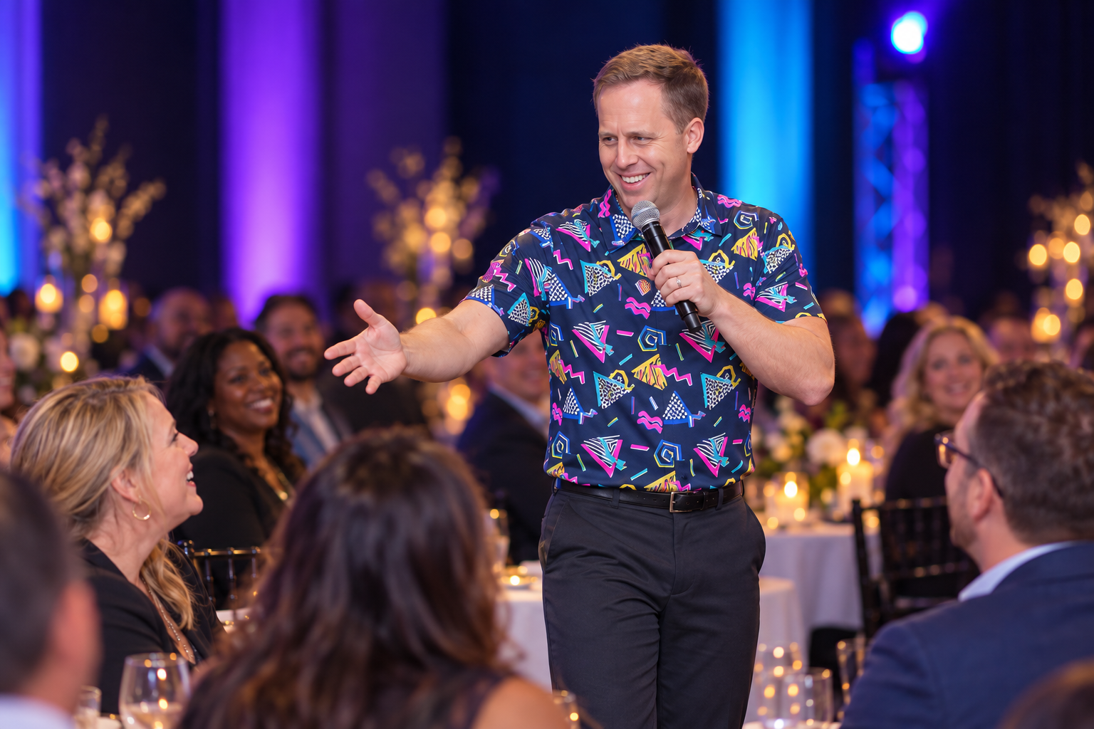 AI-enhanced promotional portrait of Brian engaging guests