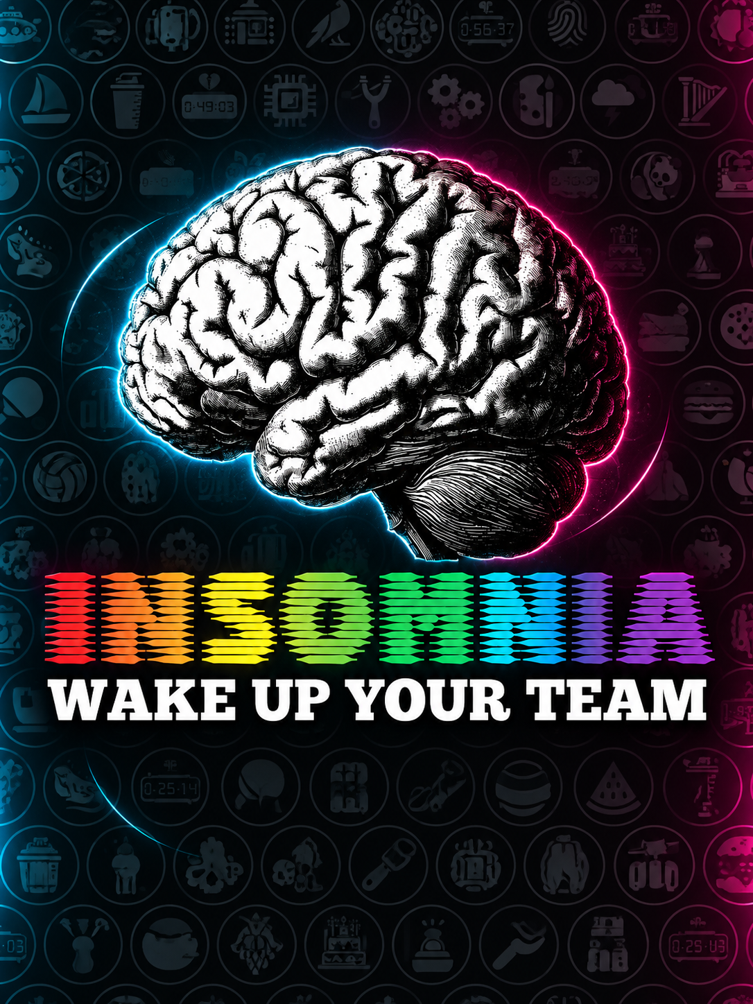 INSOMNIA — Wake Up Your Team. Rainbow logo and brain over puzzle symbols