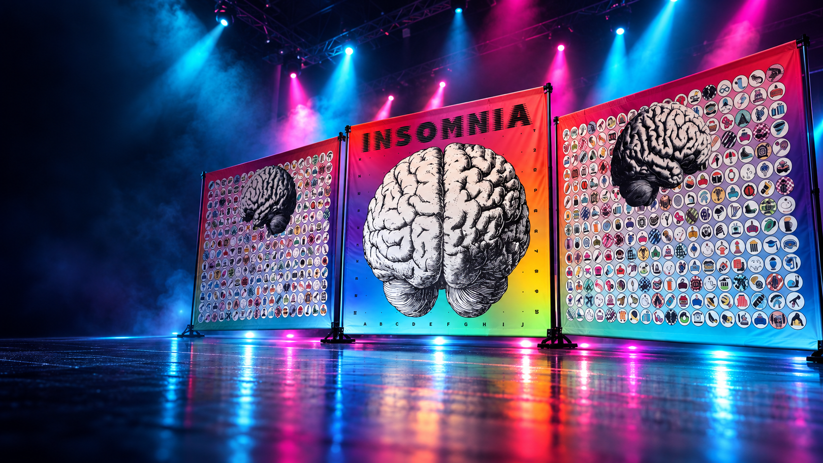 AI-enhanced INSOMNIA banner setup with dramatic cyan and magenta stage lighting