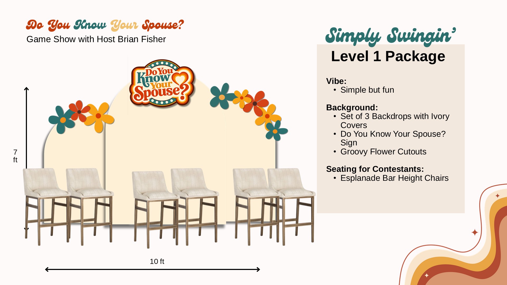 Simply Swingin’ ivory backdrops and bar-height chairs