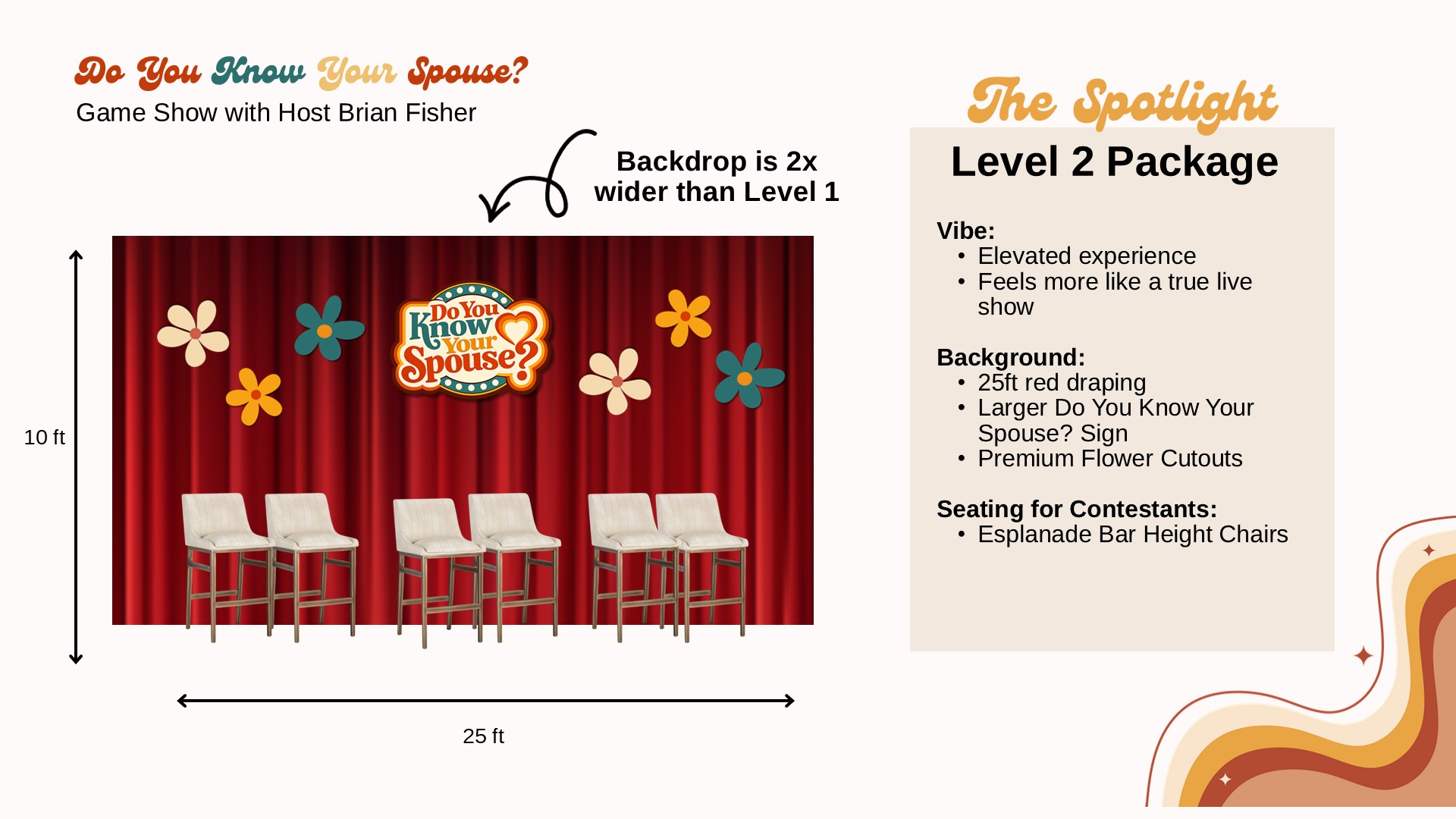 The Spotlight red curtain backdrop and bar-height chairs