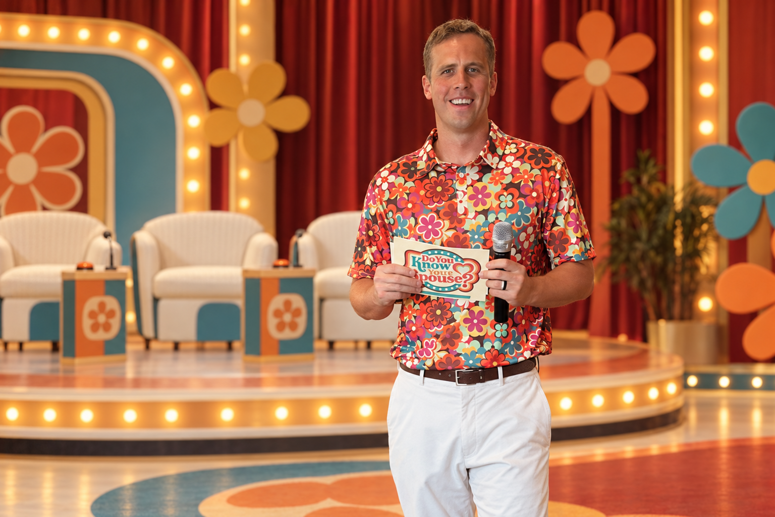 AI-enhanced promotional portrait of Brian on a retro couples game-show set